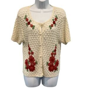 April Cornell Womens Crochet Cardigan Embroidered Floral Cottagecore Romantic
